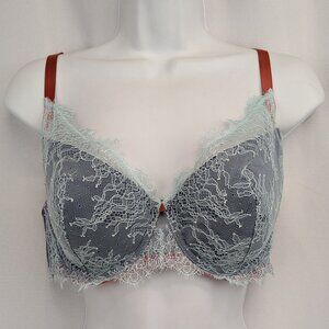 NWOT Victoria's Secret 38D Blue Lace Satin Lined Plunge Red Strap Bra